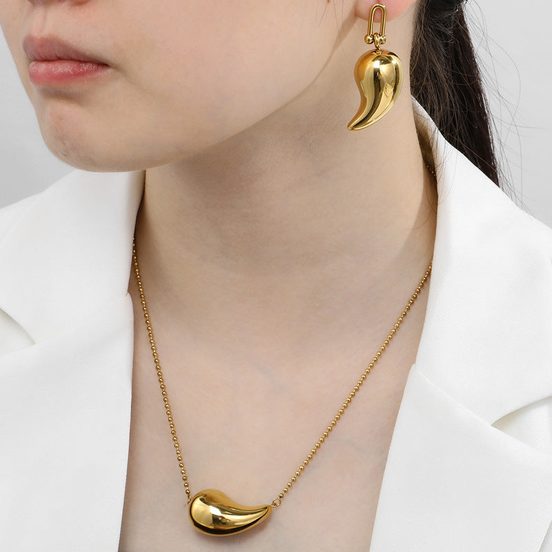 Wholesale Fashion High-end Design Chubby Water Drop Earrings Stainless Steel Hollow Necklace Temperament All-match Set